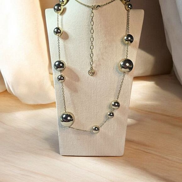 R.J. Graziano Gold Tone Ball Station Necklace – 42” Long Designer Bead Chain - Picture 2 of 4